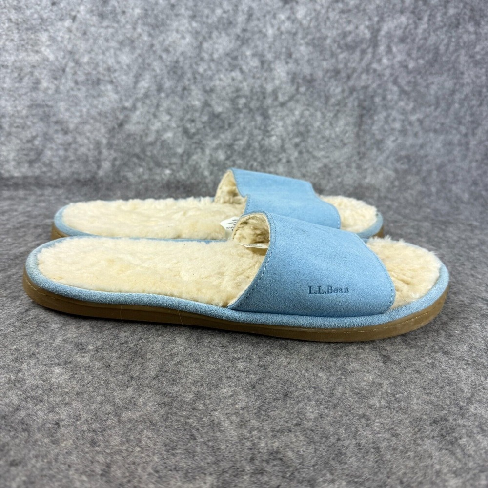 LL‎ Bean Slippers Leather Shearling Slides Wicked Good One Band Lt Blue Women 10